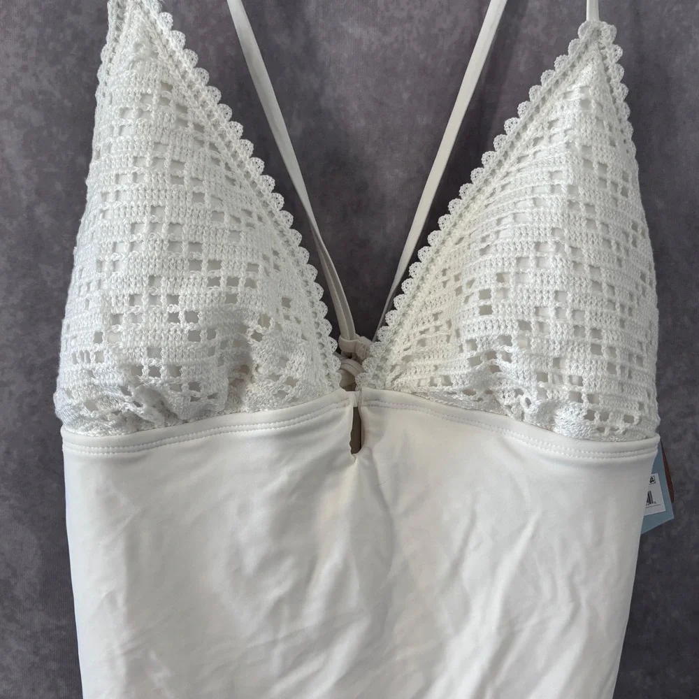 NWT Shade & Shore Women's XL 16 White Crochet One Piece Swimsuit High Leg Cheeky